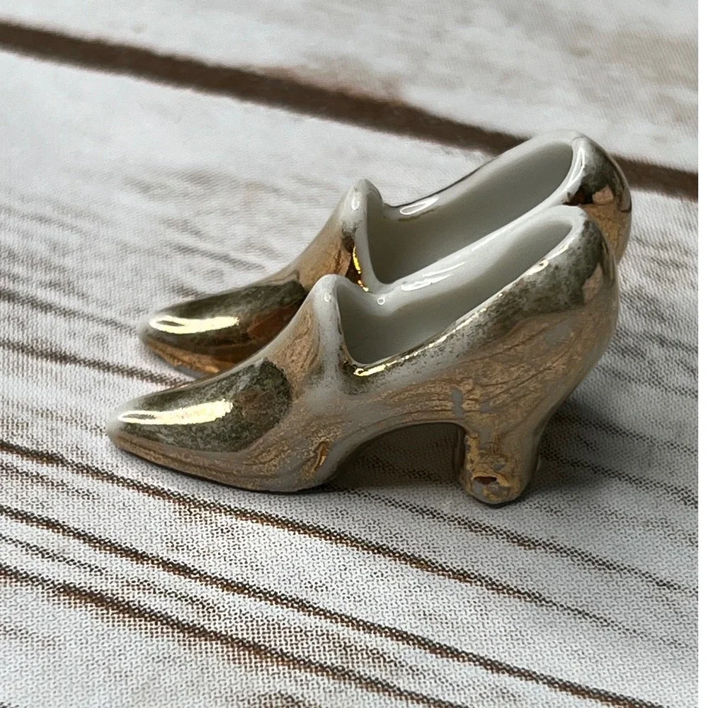 Vintage Miniature Shoe Collection Multicolor Porcelain Glass Wood Shelves OS